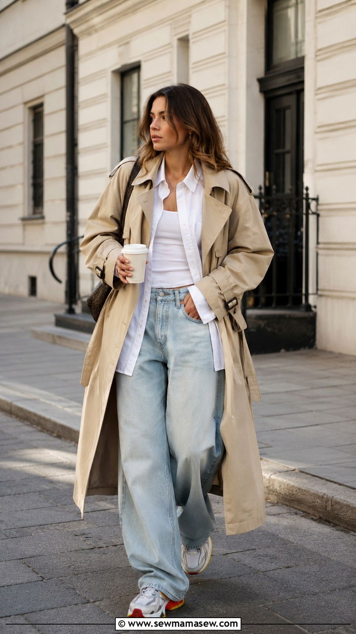 Trench Coat With Oversized Shirt and Chunky Trainers - 25 Baggy jeans outfit ideas with a trench coat