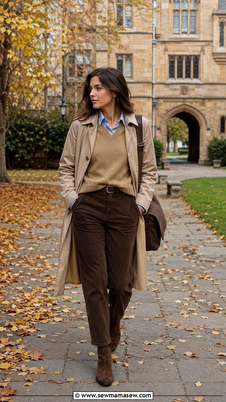Trench Coat With Oxford Shirt And V Neck Sweater Over Corduroys - 25 Old money outfit ideas with trench coat