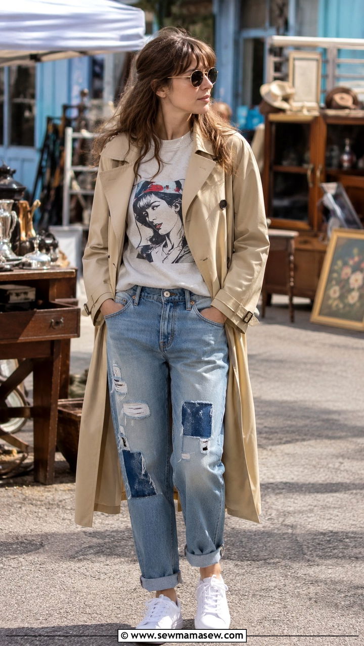 Trench Coat With Patched Denim and Retro Sunglasses - 30 Long trench coat outfit ideas with jeans