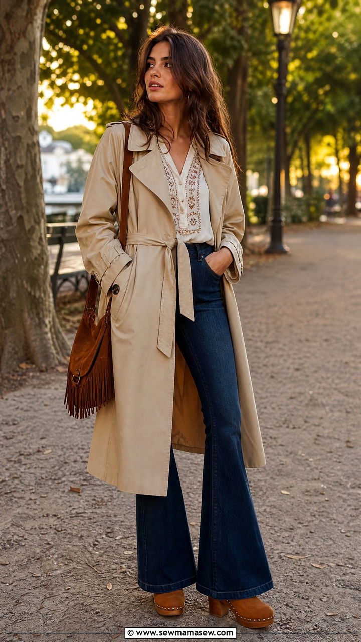 Trench Coat With Peasant Blouse And Flare Jeans Outfit - 30 Summer outfits with trench coat
