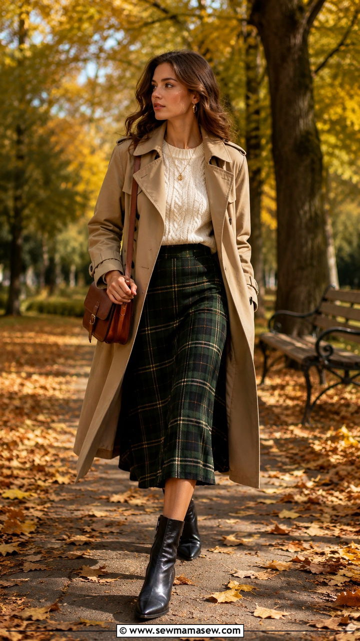 Trench Coat With Plaid Midi Skirt And Ankle Boots - 25 Old money outfit ideas with trench coat