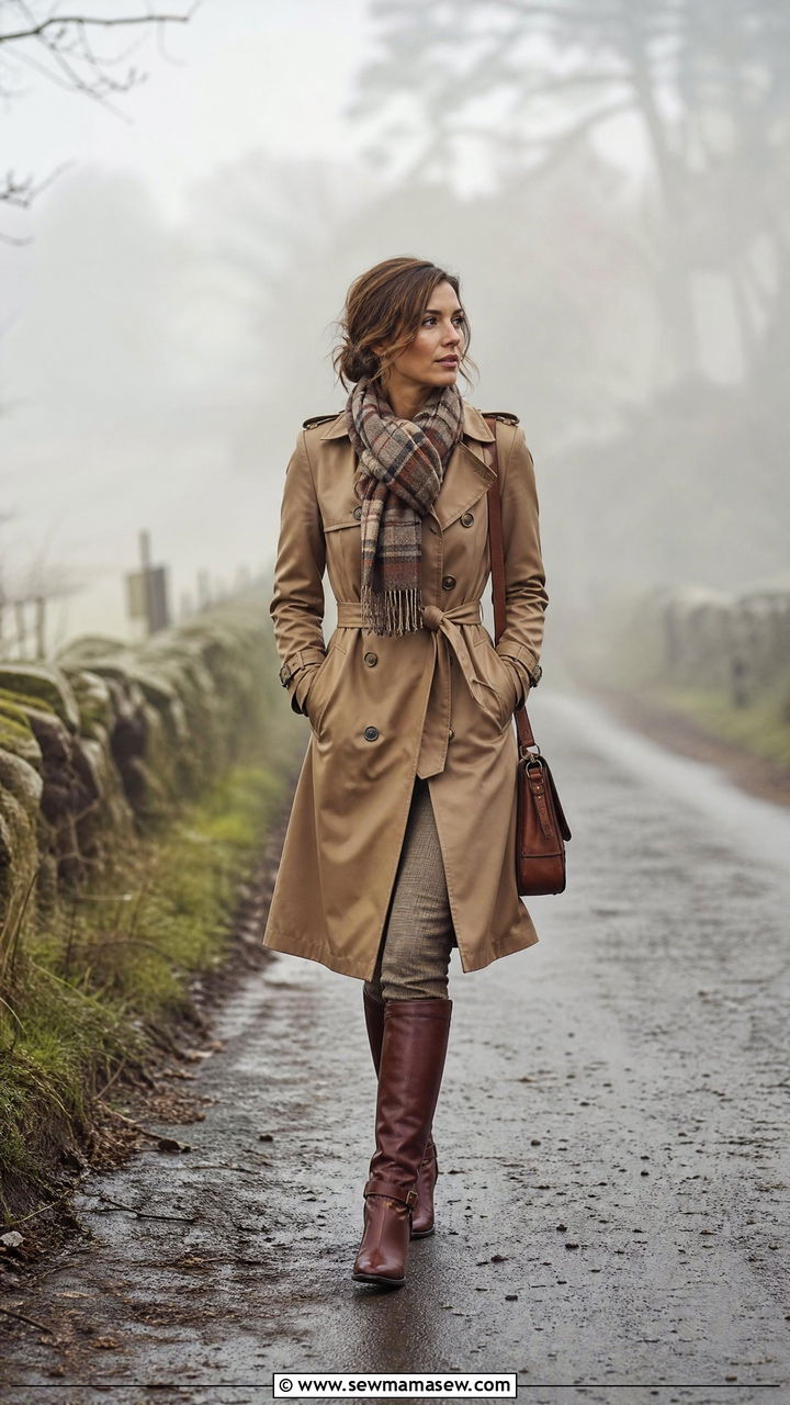 Trench Coat With Plaid Scarf And Riding Boots - 25 poetcore outfits inspo