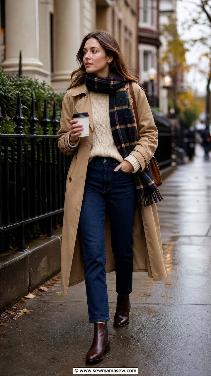 Trench Coat With Plaid Scarf And Straight Leg Jeans - 35 Ivy league outfit ideas