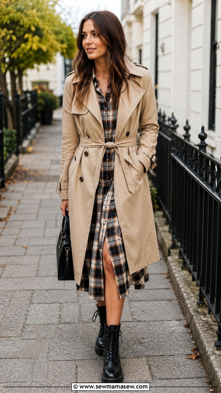 Trench Coat With Plaid Shirt Dress And Combat Boots - 30 Spring outfits with trench coats