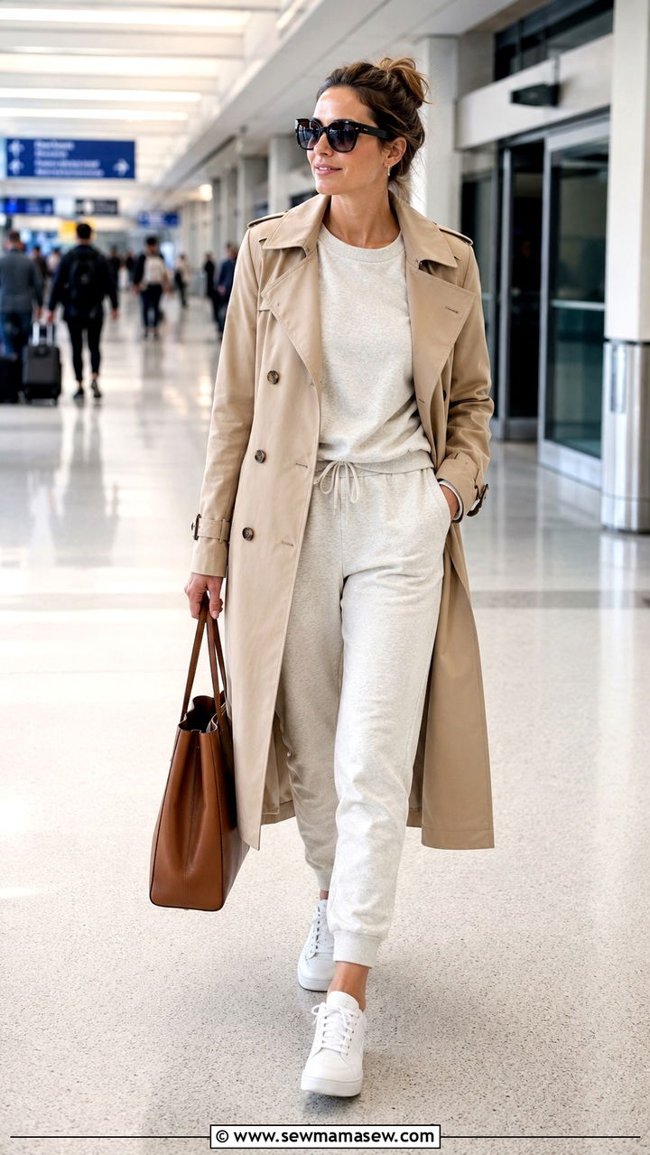 Trench Coat With Premium Sweatsuit and Leather Sneakers - 25 Airport outfit ideas for cold destination