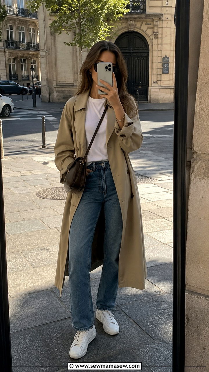 Trench Coat With Relaxed Denim - 30 Rich mom outfit ideas 2026