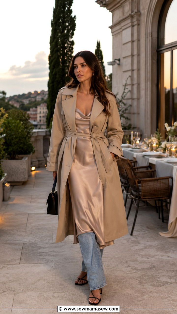 Trench Coat With Satin Slip Dress Layered and Heeled Sandals - 25 Baggy jeans outfit ideas with a trench coat