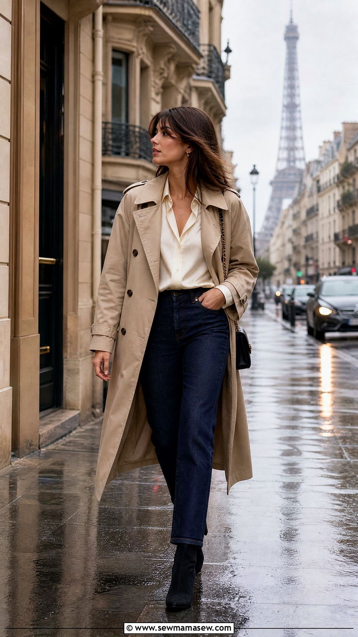 Trench Coat With Silk Blouse and Heeled Ankle Boots - 25 Caroline de Maigret outfit ideas