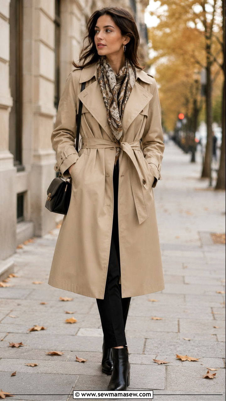 Trench Coat With Silk Scarf And Ankle Boots - 30 Quiet luxury outfit ideas with trench coat