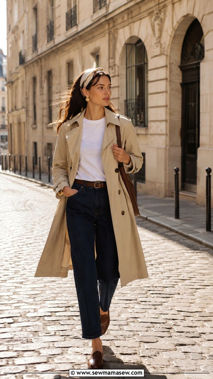 Trench Coat With Silk Scarf Headband - 20 Old money outfit ideas with silk scarf Hermes style