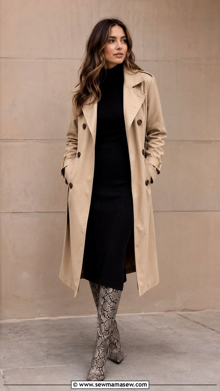 Trench Coat With Snakeskin Print Boots - 30 Long trench coat outfit ideas with boots