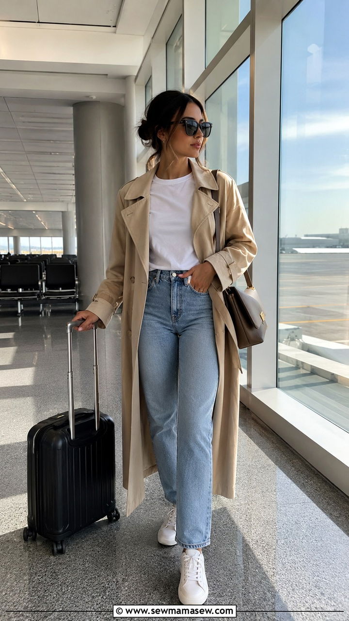 Trench Coat With Straight Leg Jeans - 25 Airport outfit ideas clean girl