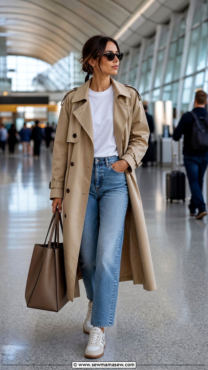 Trench Coat With Straight Leg Jeans Airport Look - 30 modest airport outfit ideas