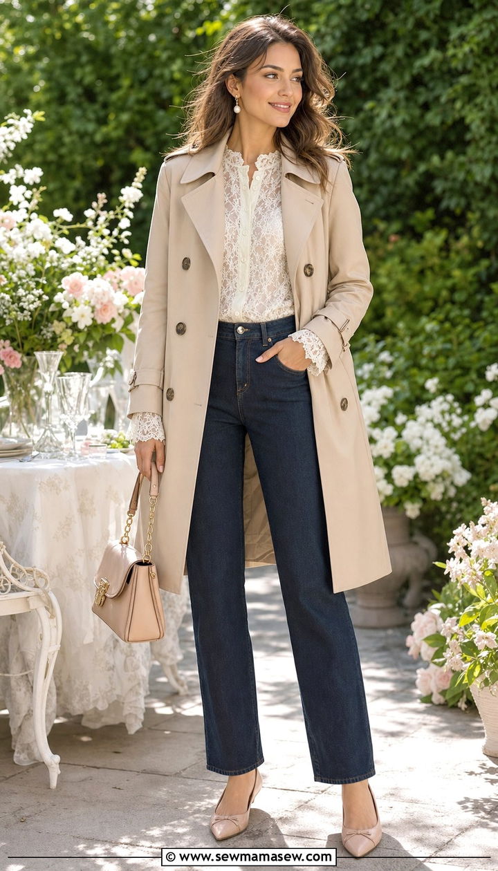 Trench Coat With Straight Leg Jeans And A Lace Top - 25 Straight leg jeans outfit ideas with a trench coat