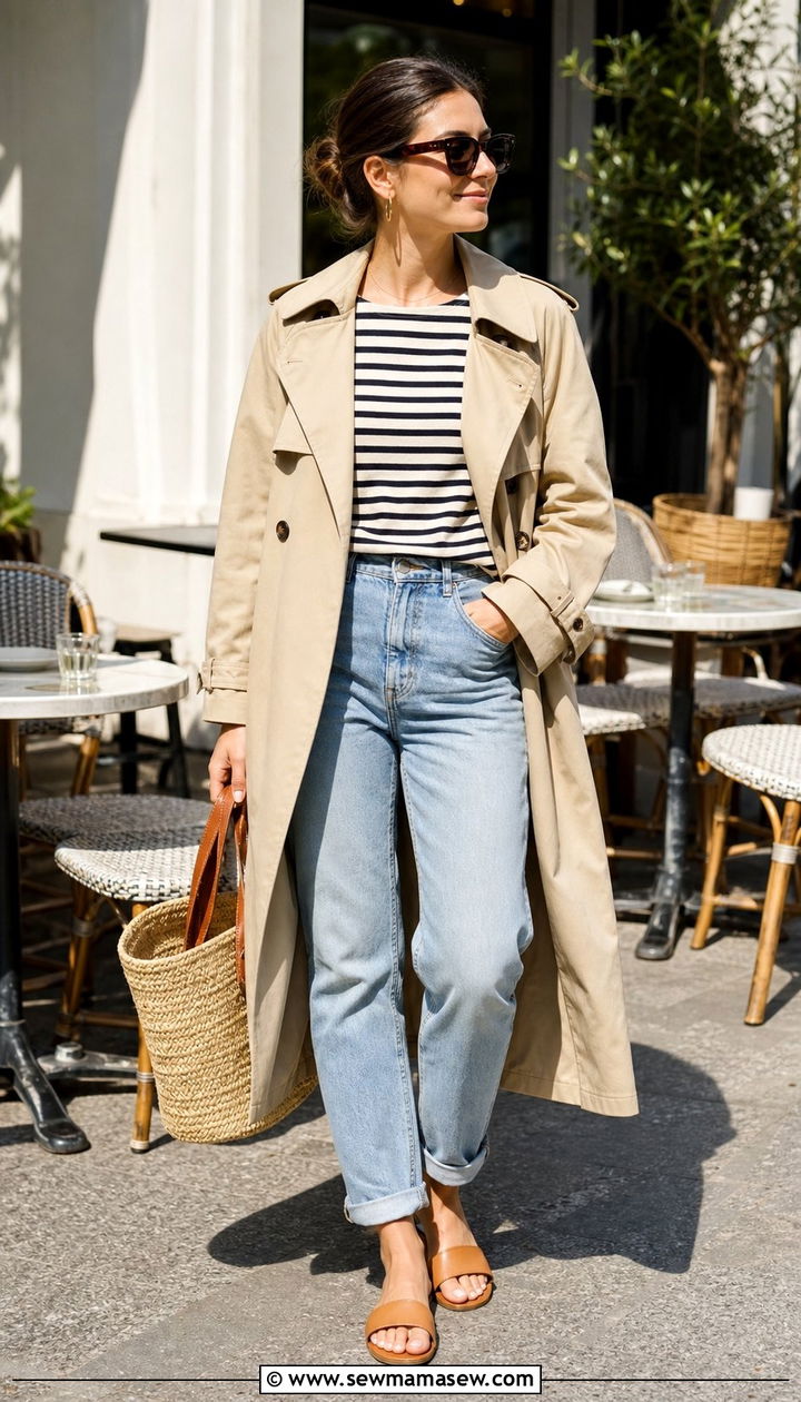 Trench Coat With Straight Leg Jeans And A Striped Tee - 25 Straight leg jeans outfit ideas with a trench coat