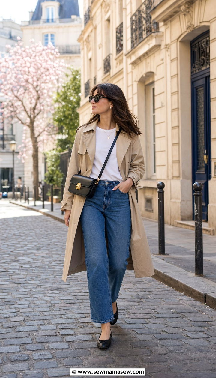 Trench Coat With Straight Leg Jeans And Ballet Flats - 25 Spring week in Paris outfits