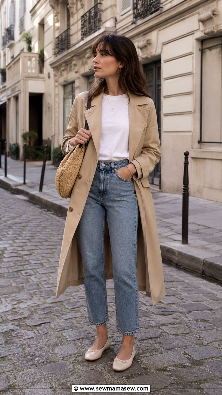 Trench Coat With Straight Leg Jeans And Ballet Flats - 30 classy French girl outfits