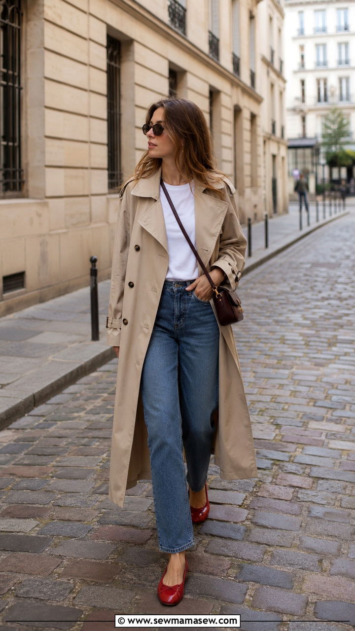 Trench Coat With Straight Leg Jeans And Ballet Flats - 30 Paris outfits inspo
