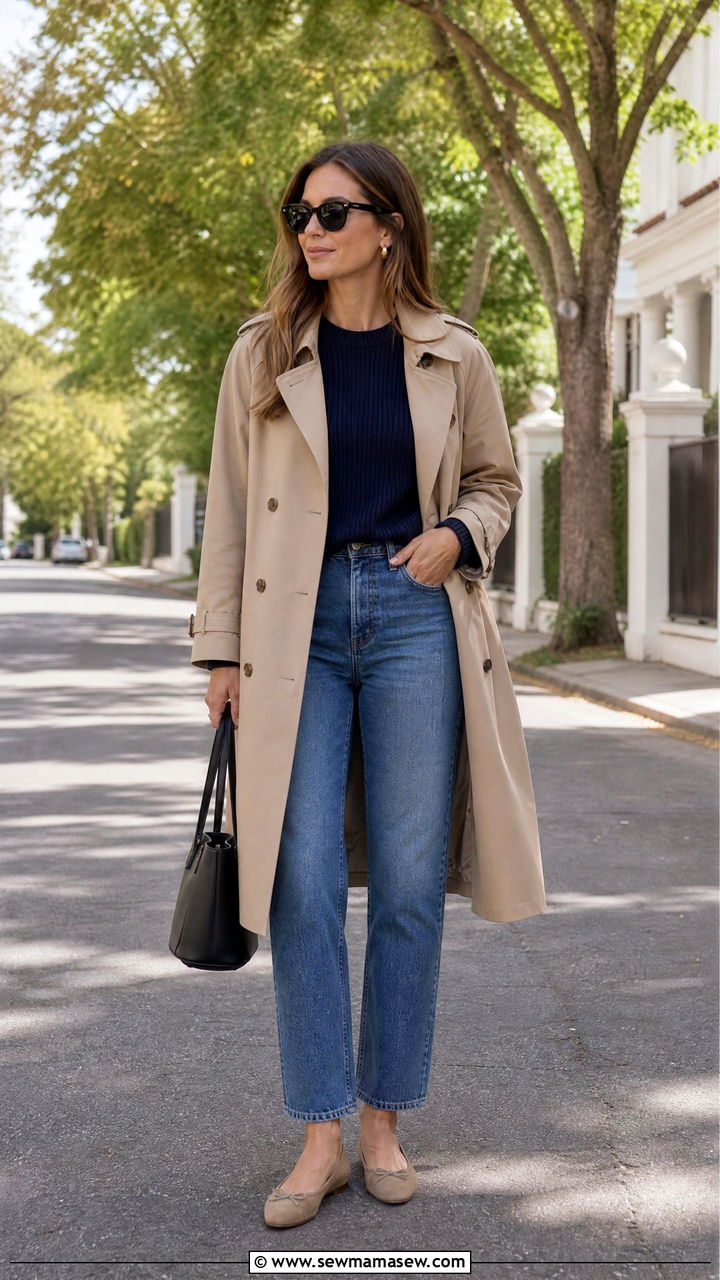 Trench Coat With Straight Leg Jeans And Ballet Flats - 30 Elevated mom outfit ideas
