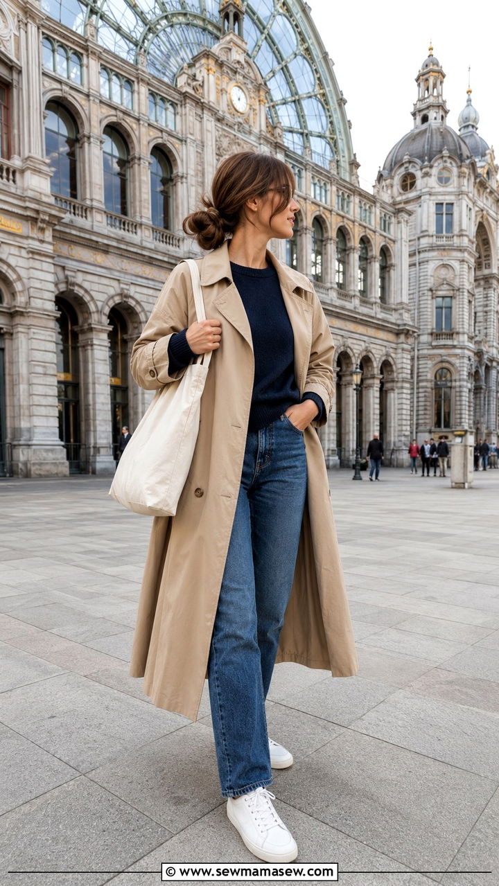 Trench Coat With Straight Leg Jeans And Sneakers - 20 Antwerp outfit ideas