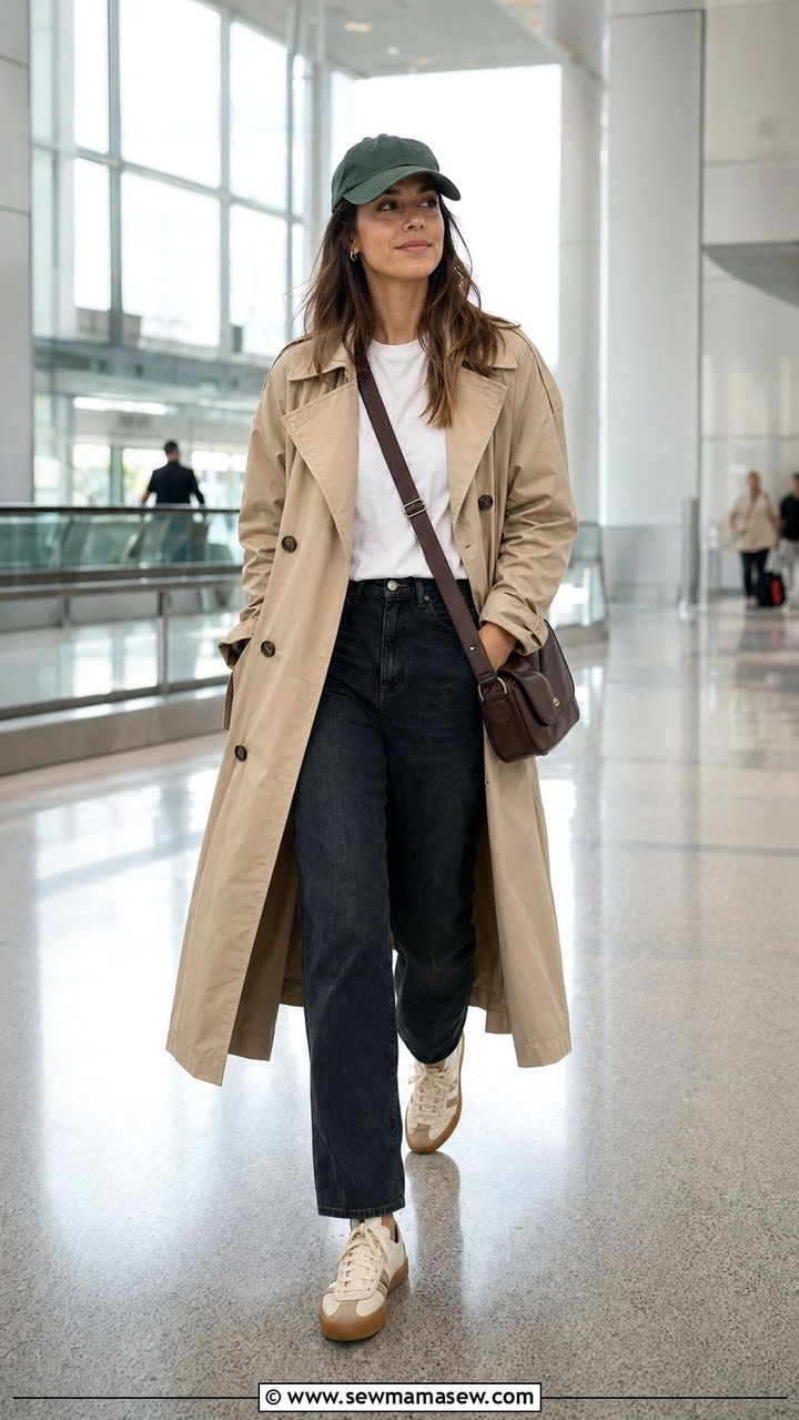 Trench Coat With Straight Leg Jeans And Sneakers - 35 Airport outfit ideas with sneakers
