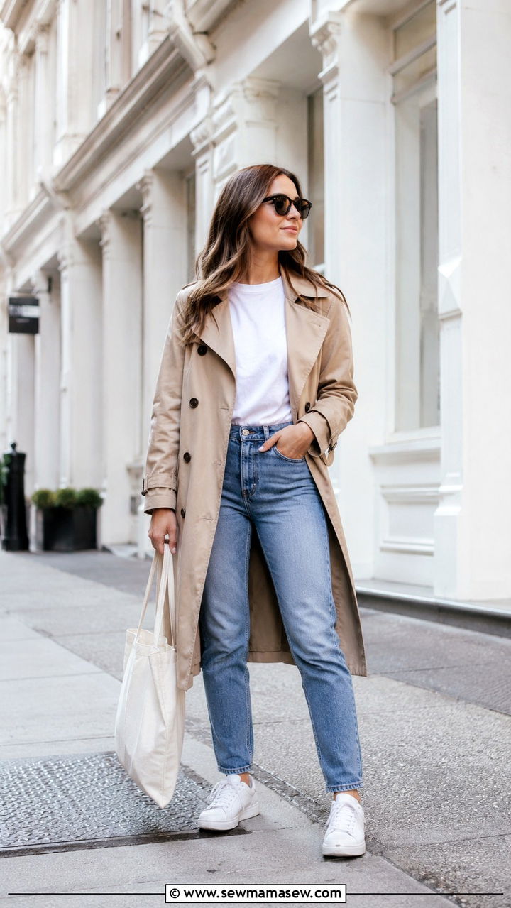 Trench Coat With Straight Leg Jeans And White Sneakers - 30 Spring outfits with trench coats