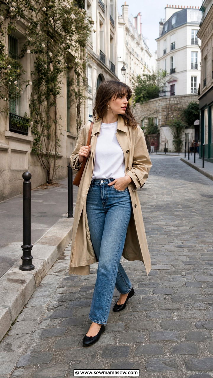 Trench Coat With Straight Leg Jeans and Ballet Flats - 35 French girl spring outfit ideas