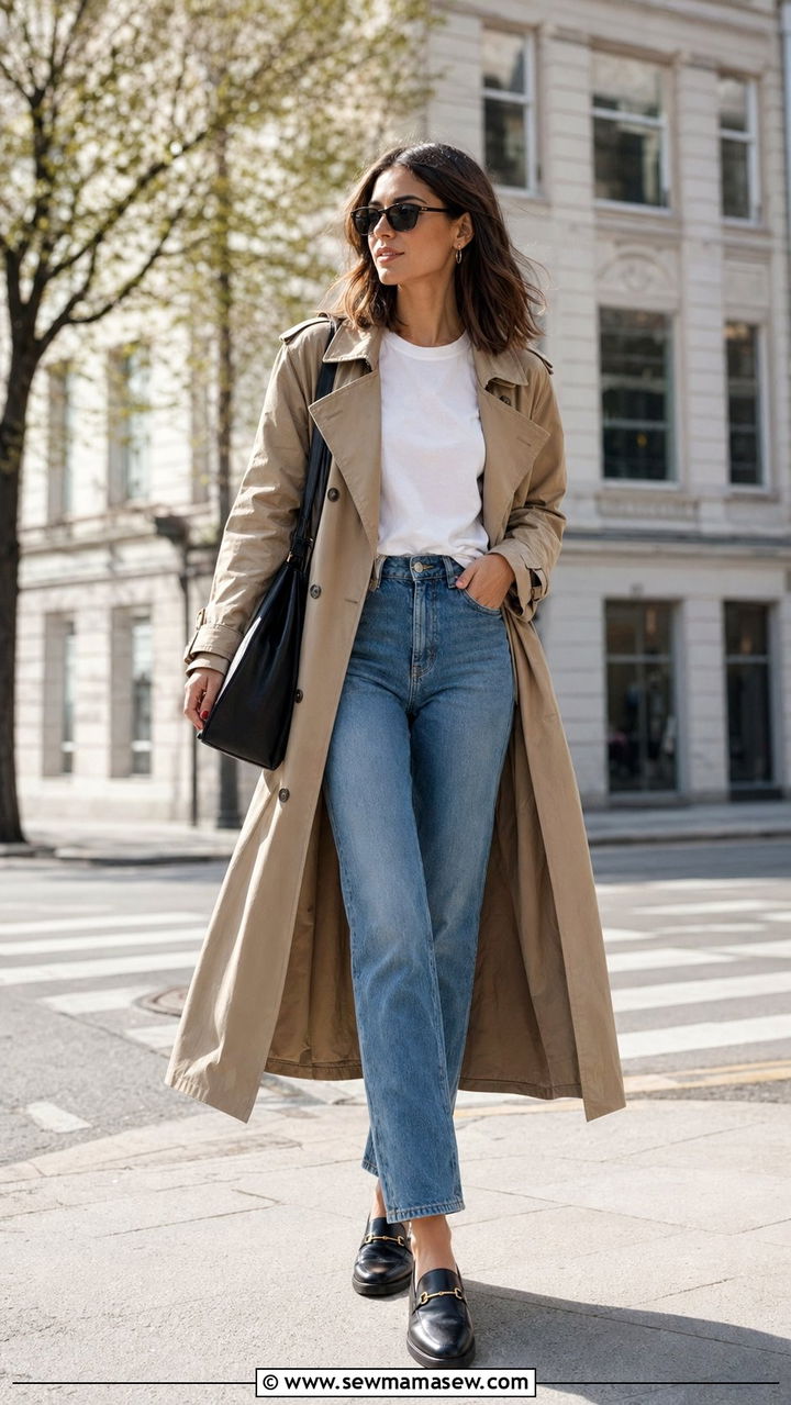Trench Coat With Straight Leg Jeans and Loafers - 35 April outfits for women
