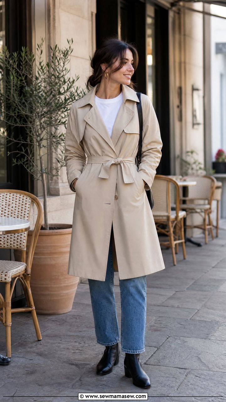 Trench Coat With Straight Leg Jeans and Low Heel Ankle Boots - 30 French girl outfit ideas petite
