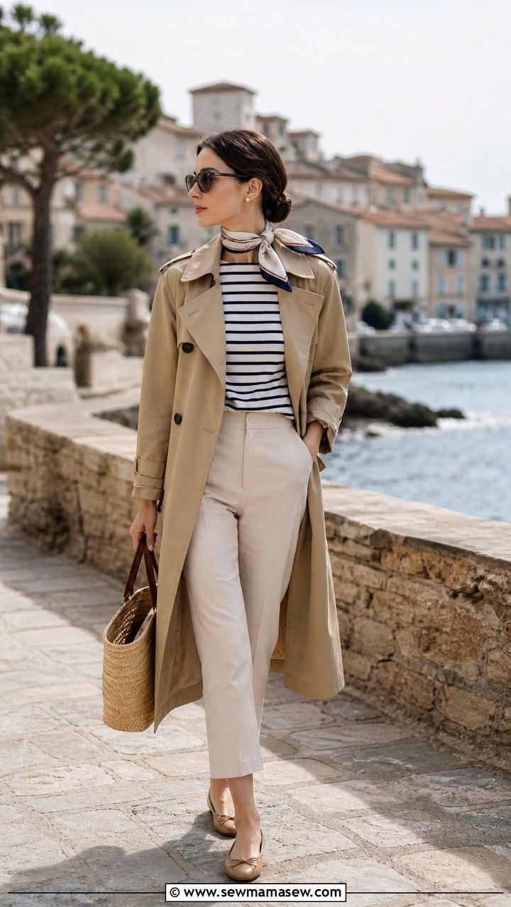 Trench Coat With Striped Boatneck Top And Cropped Trousers - 40 old money outfits