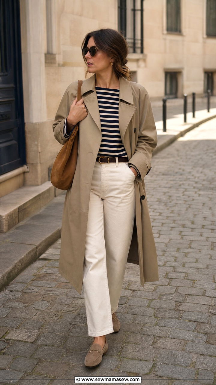Trench Coat With Striped Breton Top And Cream Jeans - 35 How to style a trench coat