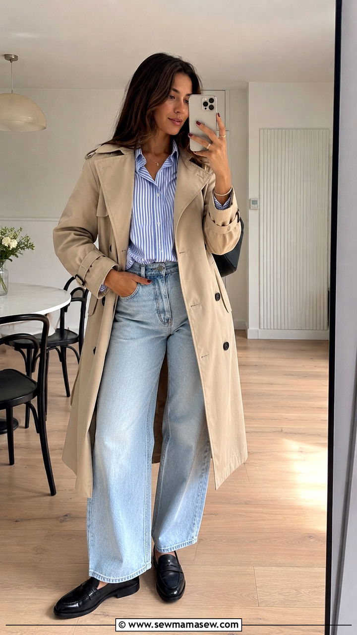 Trench Coat With Striped Button Down and Penny Loafers - 25 Baggy jeans outfit ideas with a trench coat