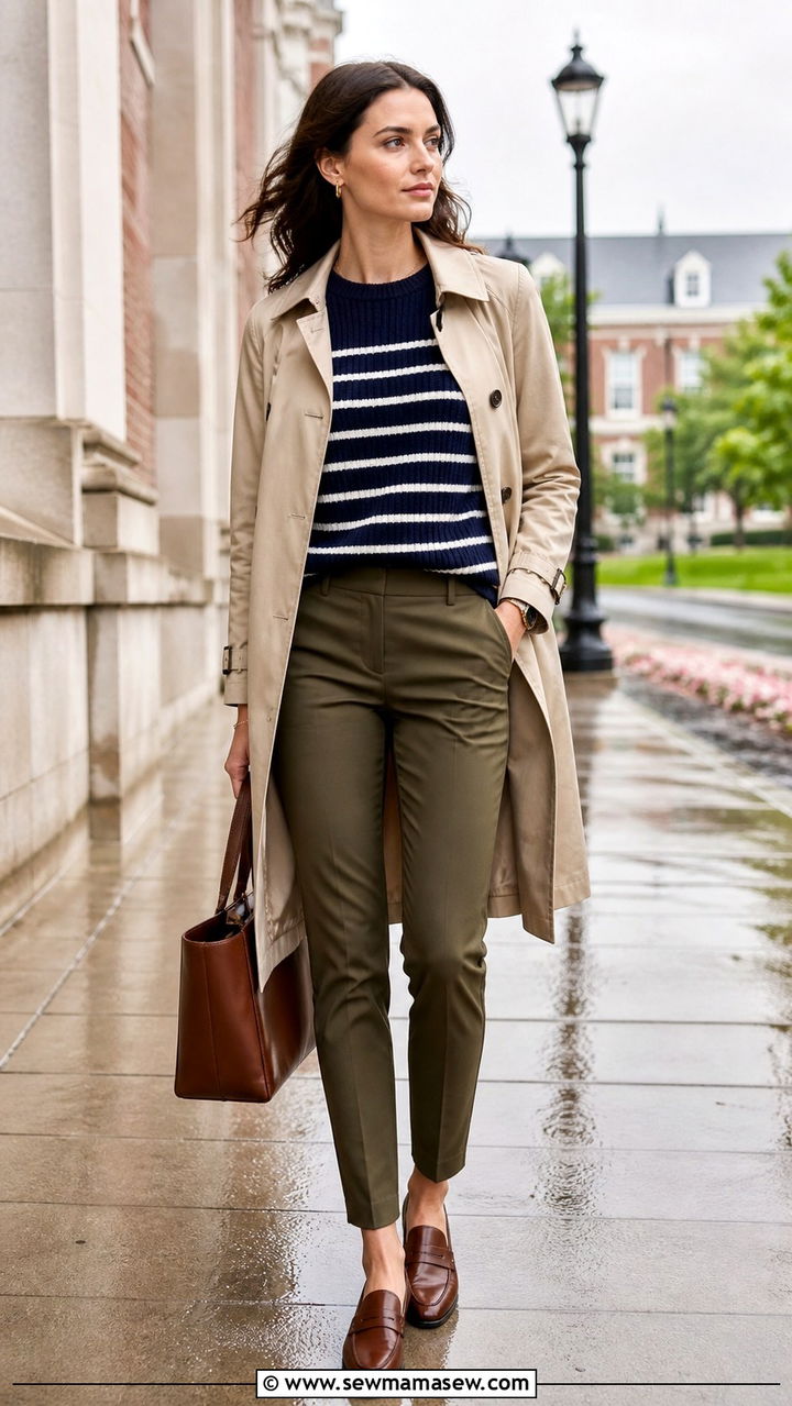 Trench Coat With Striped Knit And Slim Trousers - 20 College outfit ideas preppy 2026