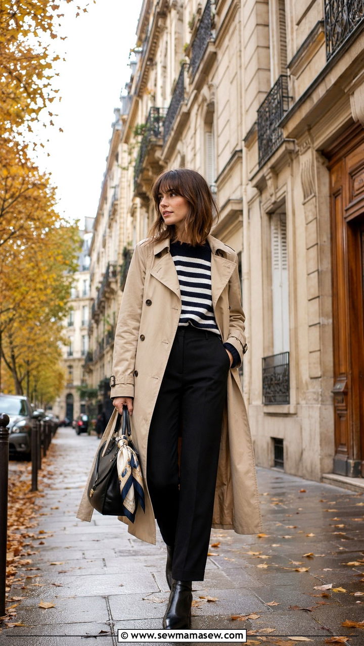 Trench Coat With Striped Knit and Black Trousers - 30 parisian capsule wardrobe outfits