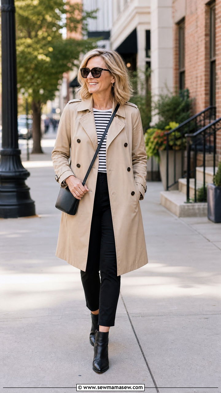 Trench Coat With Striped Shirt And Ankle Pants Women Over 40 - 35 Minimalist outfits for women over 40