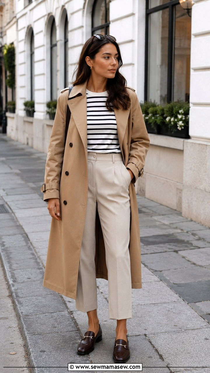 Trench Coat With Striped Shirt And Cropped Trousers - 30 Warm day cold night outfits