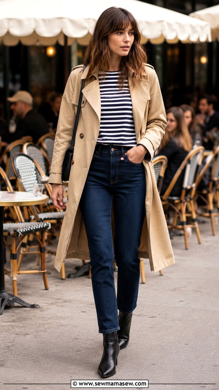 Trench Coat With Striped Shirt And Dark Wash Jeans - 30 Spring outfits with trench coats
