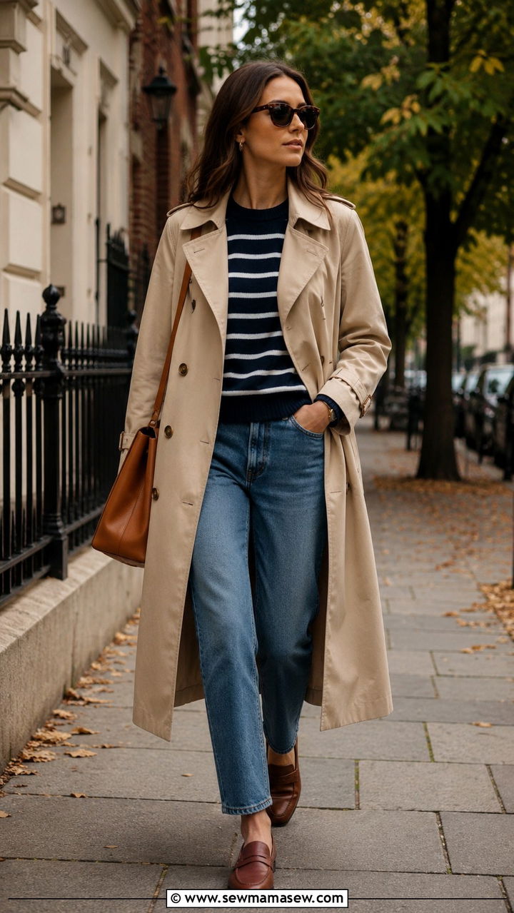 Trench Coat With Striped Sweater And Straight Leg Jeans - 30 preppy outfit ideas for women