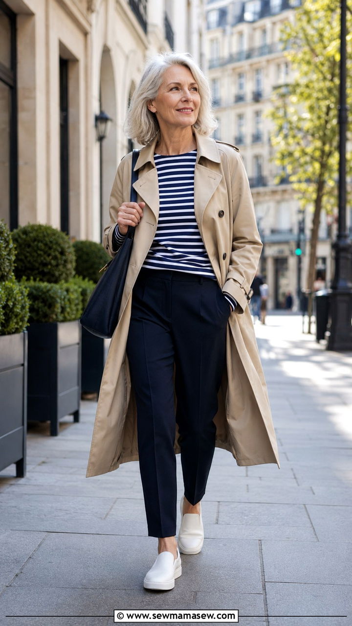Trench Coat With Striped Tee And Trousers - 30 Travel outfits for women over 60