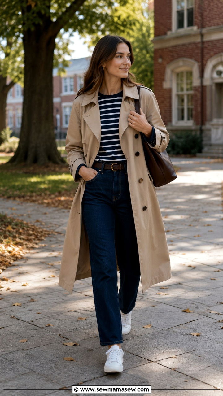 Trench Coat With Striped Tee and Dark Denim - 30 transitional teacher outfit ideas