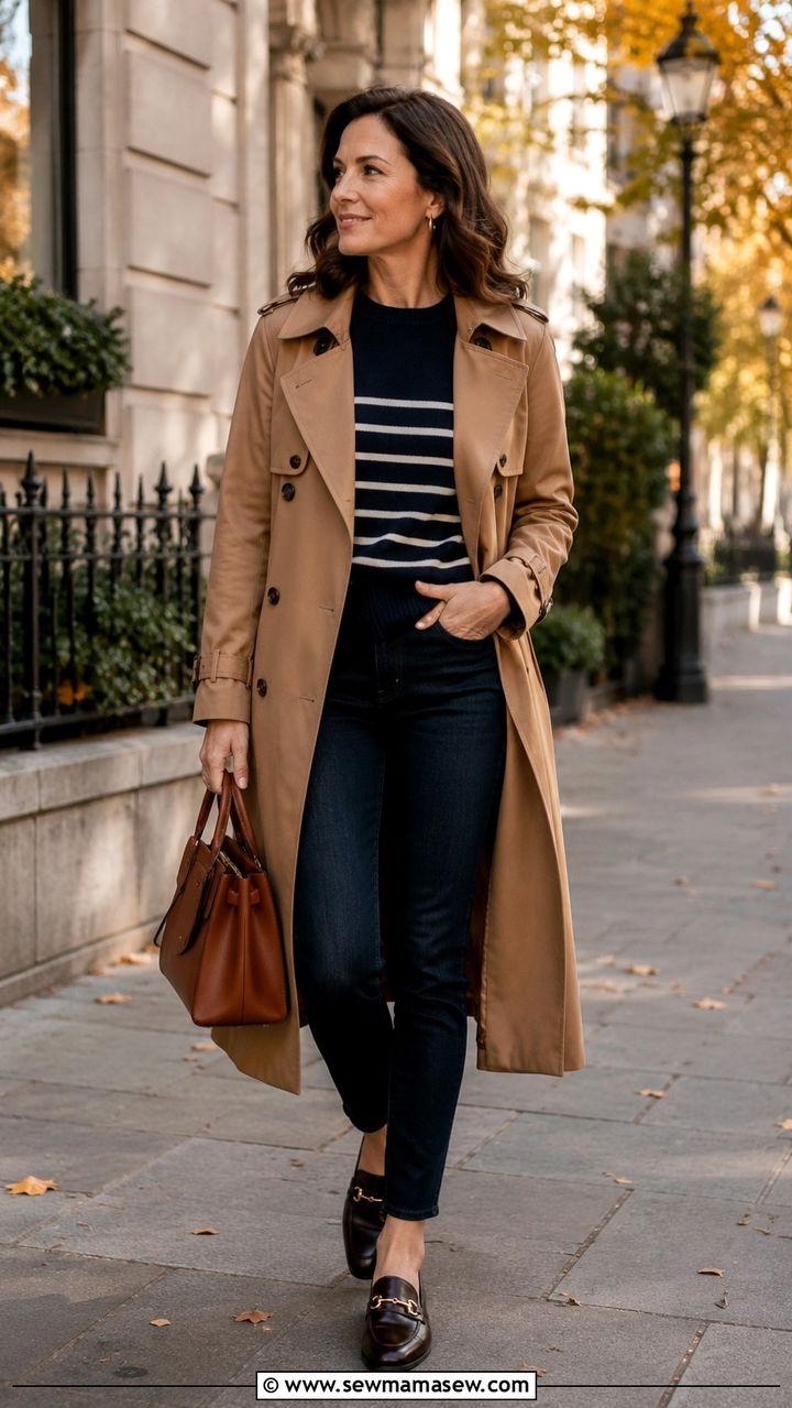 Trench Coat With Striped Top And Slim Jeans - 25 Mid-40s outfit ideas