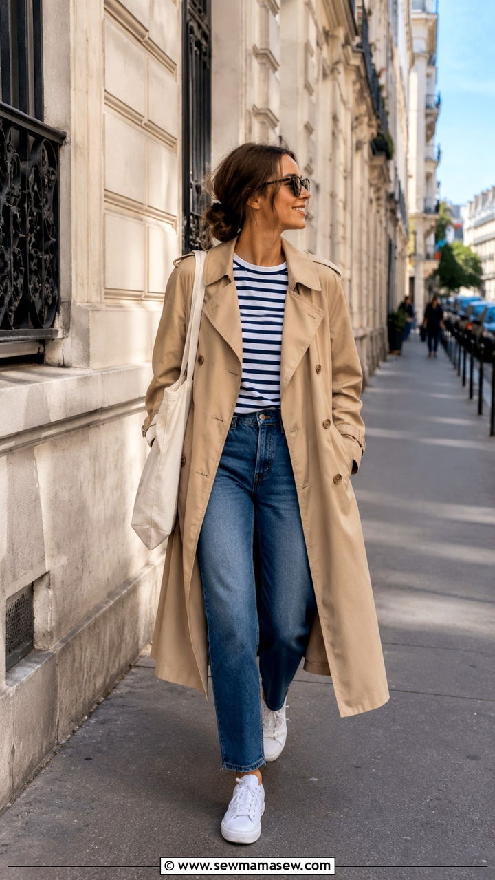 Trench Coat With Striped Top And Sneakers - 25 trench coat outfits 2026