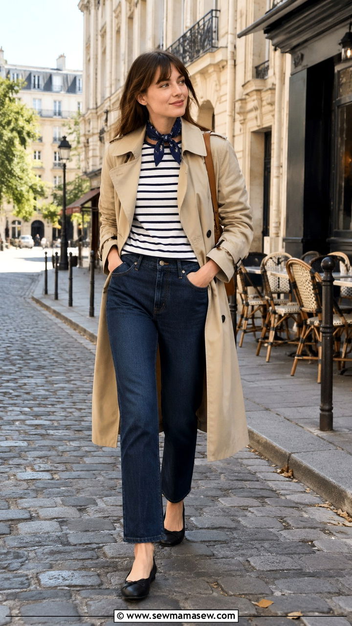 Trench Coat With Striped Top and Ballet Flats - 30 chic trench coat outfit ideas