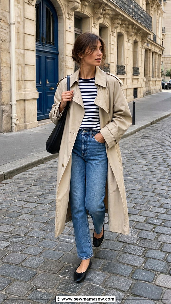 Trench Coat With Striped Top and Straight Leg Jeans - 40 French girl outfits ideas