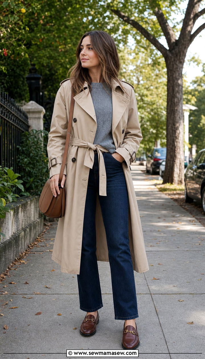 Trench Coat With Sweater And Jeans - 25 Spring 10 piece capsule wardrobe