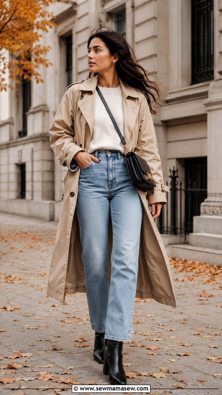 Trench Coat With Sweater And Straight Leg Jeans - 25 windy day outfits aesthetic