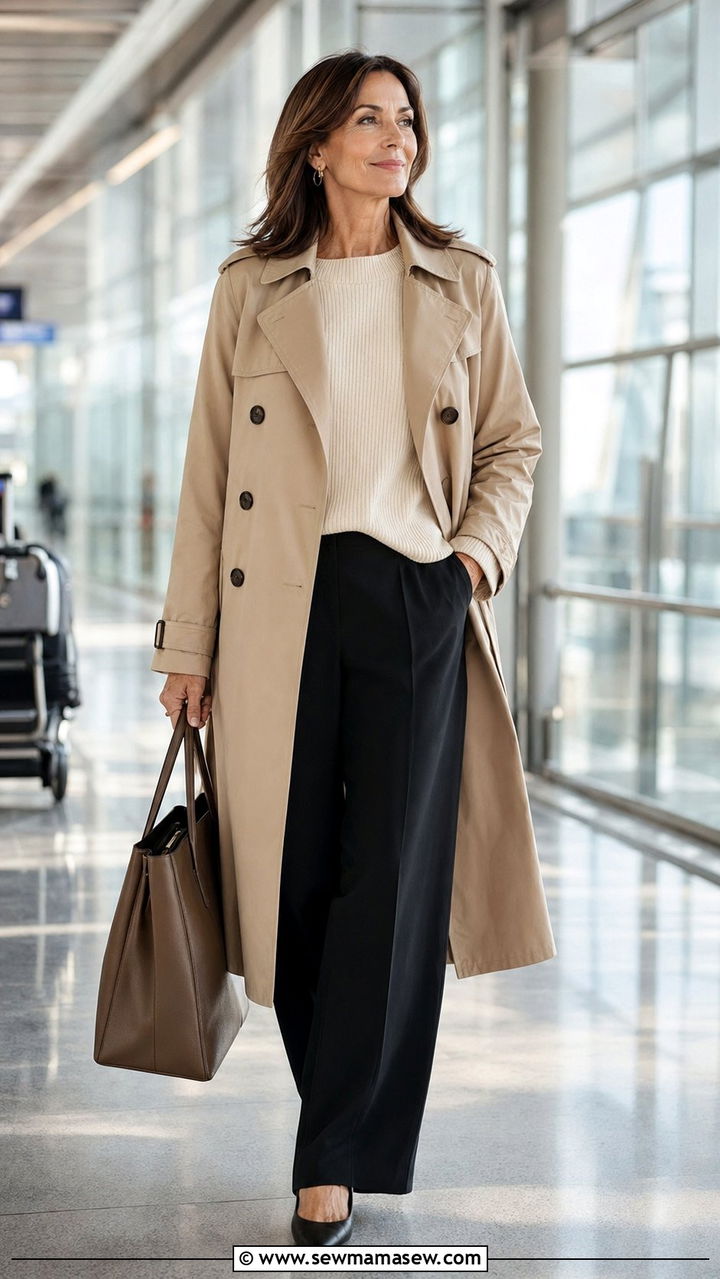 Trench Coat With Sweater And Wide Leg Trousers - 35 Airport outfit ideas for women over 50