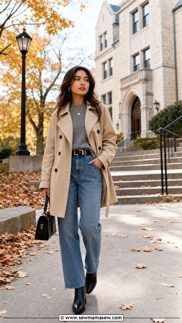 Trench Coat With Sweater Jeans and Ankle Boots - 25 College outfit ideas petite