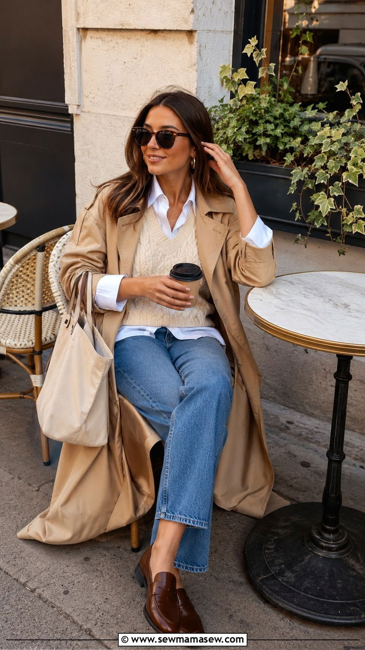 Trench Coat With Sweater Vest And Straight Leg Jeans - 25 trench coat outfits 2026