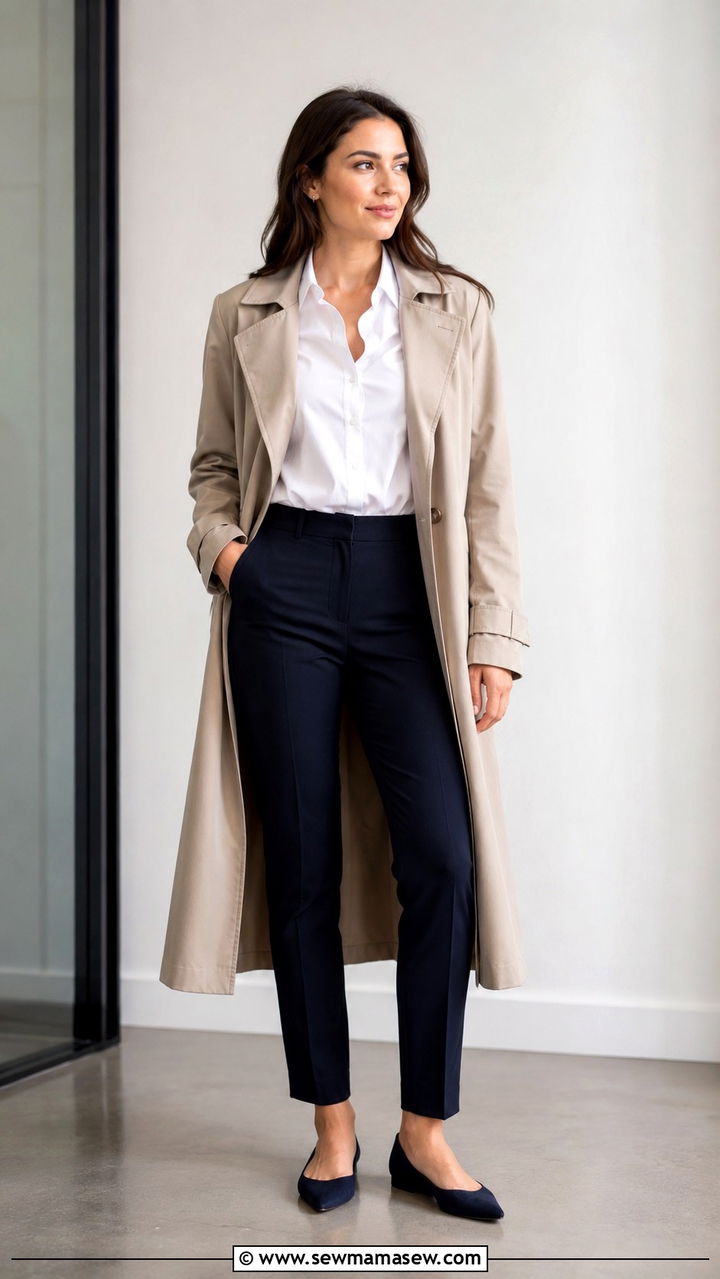 Trench Coat With Tailored Trousers And A Button Down For Work - 30 Spring outfits with trench coats